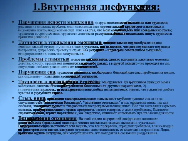 1.Внутренняя дисфункция: Нарушения ясности мышления: (нарушение ясности мышления или трудности решения не