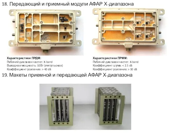 18. Передающий и приемный модули АФАР Х-диапазона 19. Макеты приемной и передающей