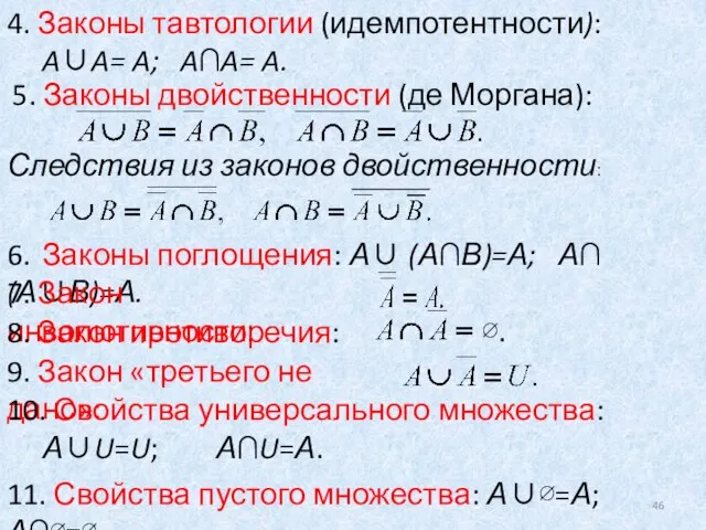 ∅. 4. Законы тавтологии (идемпотентности): A∪A= A; A∩A= A. 5. Законы двойственности