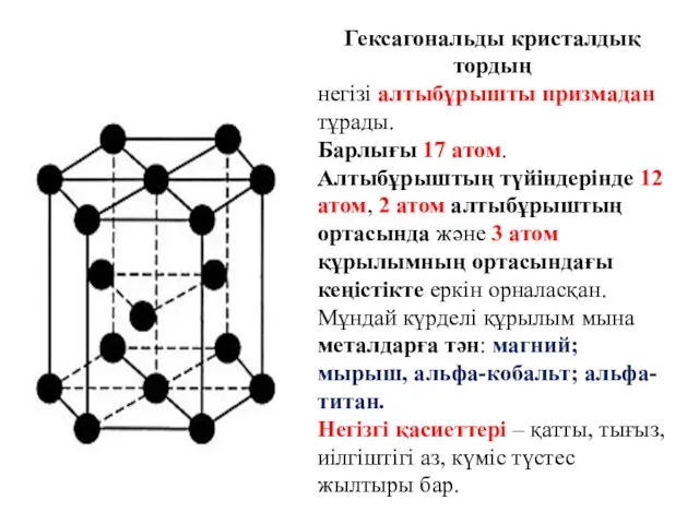 Гексагональды кристалдық тордың негізі алтыбұрышты призмадан тұрады. Барлығы 17 атом. Алтыбұрыштың түйіндерінде