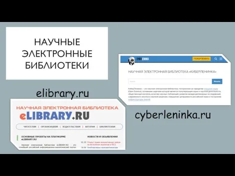 НАУЧНЫЕ ЭЛЕКТРОННЫЕ БИБЛИОТЕКИ elibrary.ru cyberleninka.ru
