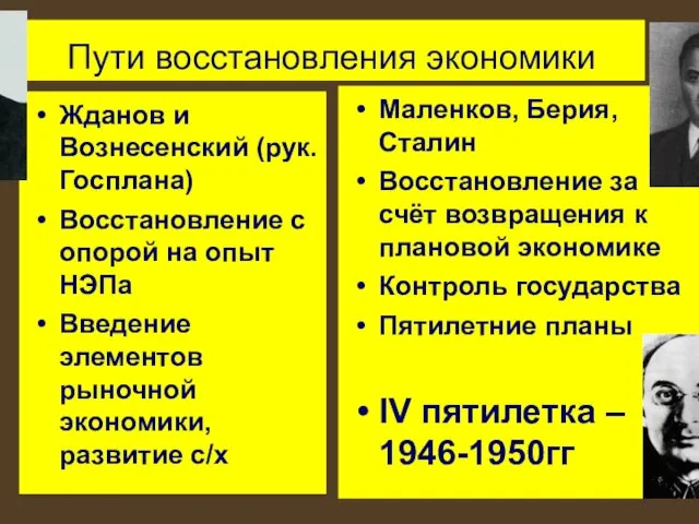 Пути восстановления экономики Жданов и Вознесенский (рук. Госплана) Восстановление с опорой на