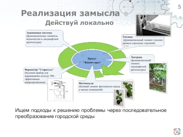 Реализация замысла Ищем подходы к решению проблемы через последовательное преобразование городской среды Действуй локально