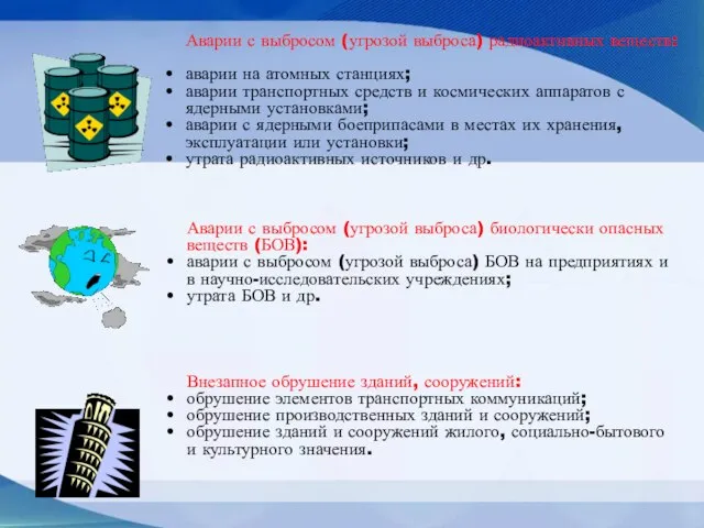 Аварии с выбросом (угрозой выброса) радиоактивных веществ: аварии на атомных станциях; аварии