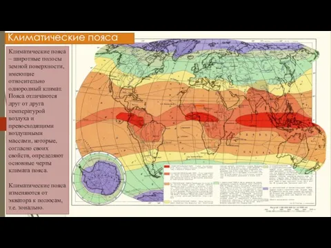 Климатические пояса Климатические пояса – широтные полосы земной поверхности, имеющие относительно однородный