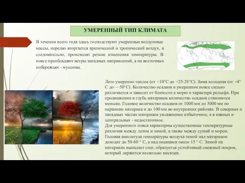 УМЕРЕННЫЙ ТИП КЛИМАТА Лето умеренно теплое (от +10°С до +25-28°С). Зима холодная