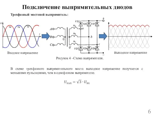 Подключение выпрямительных диодов 6 В схеме трехфазного выпрямительного моста выходное напряжение получается