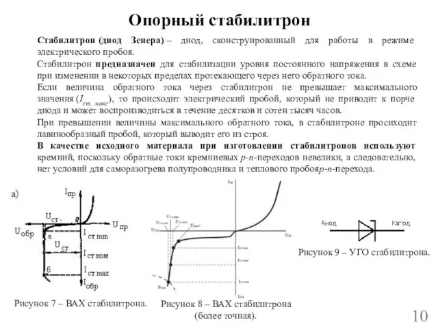 Опорный стабилитрон 10 Стабилитрон (диод Зенера) – диод, сконструированный для работы в