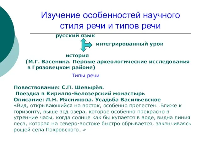 Изучение особенностей научного стиля речи и типов речи русский язык история интегрированный