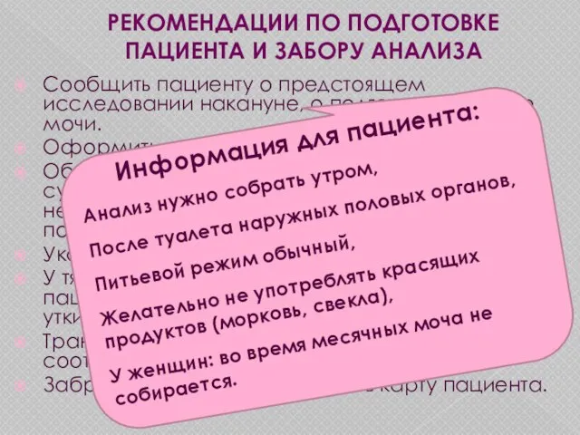 Сообщить пациенту о предстоящем исследовании накануне, о подготовке и сборе мочи. Оформить