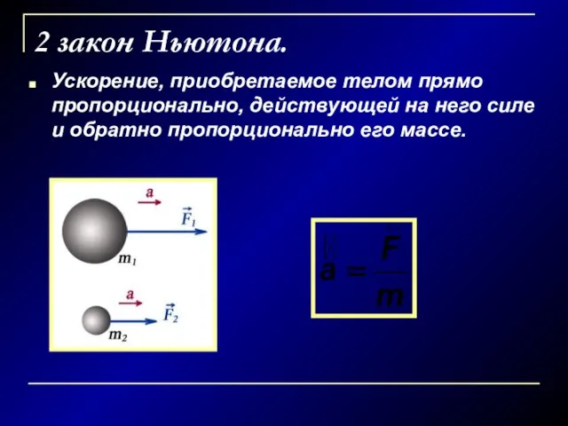 2 закон Ньютона. Ускорение, приобретаемое телом прямо пропорционально, действующей на него силе