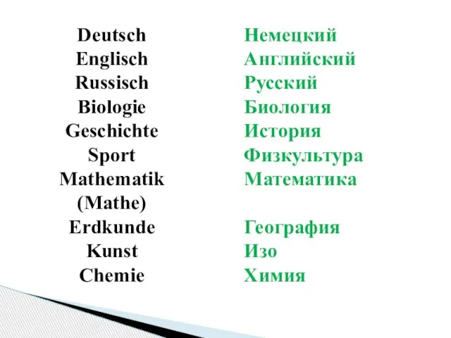 Deutsch Englisch Russisch Biologie Geschichte Sport Mathematik (Mathe) Erdkunde Kunst Chemie Немецкий