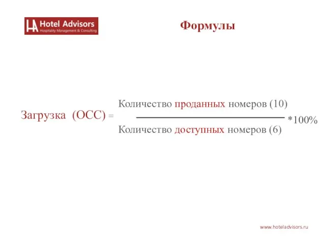 Количество проданных номеров (10) Количество доступных номеров (6) *100% Загрузка (ОСС) = www.hoteladvisors.ru Формулы