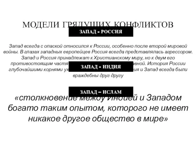 МОДЕЛИ ГРЯДУЩИХ КОНФЛИКТОВ Запад всегда с опаской относился к России, особенно после