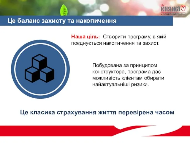 Наша ціль: Створити програму, в якій поєднується накопичення та захист. Побудована за