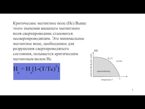 Критическое магнитное поле (Hc) Выше этого значения внешнего магнитного поля сверхпроводник становится