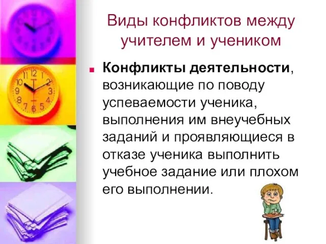 Виды конфликтов между учителем и учеником Конфликты деятельности, возникающие по поводу успеваемости