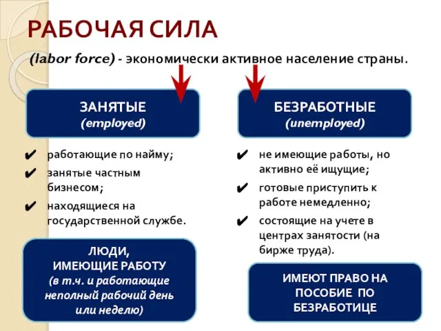 РАБОЧАЯ СИЛА (labor force) - экономически активное население страны. ЗАНЯТЫЕ (employed) БЕЗРАБОТНЫЕ