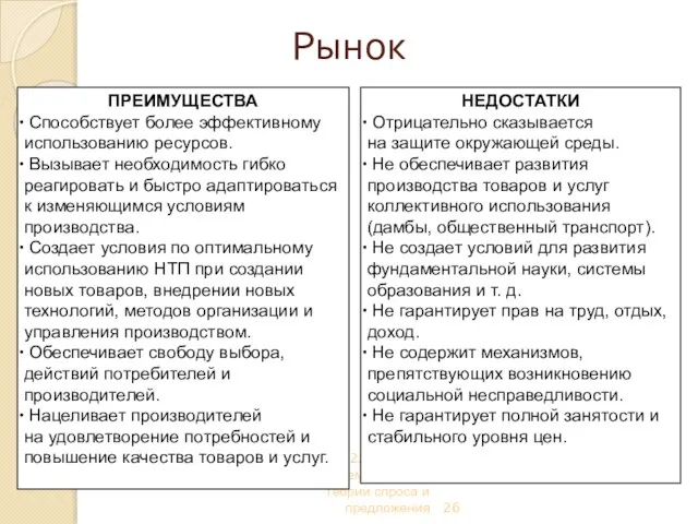 Тема 2. Рыночная система. Основы теории спроса и предложения ПРЕИМУЩЕСТВА Способствует более