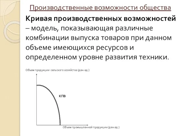 Производственные возможности общества Кривая производственных возможностей – модель, показывающая различные комбинации выпуска