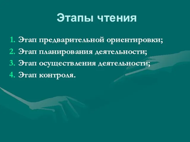 Этапы чтения Этап предварительной ориентировки; Этап планирования деятельности; Этап осуществления деятельности; Этап контроля.