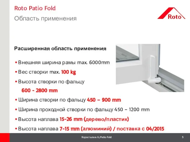 Roto Patio Fold Область применения 1 Расширенная область применения Внешняя ширина рамы