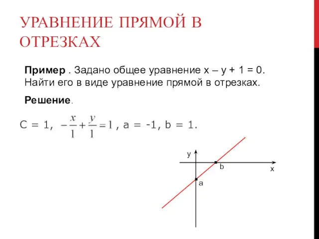 УРАВНЕНИЕ ПРЯМОЙ В ОТРЕЗКАХ Пример . Задано общее уравнение х – у