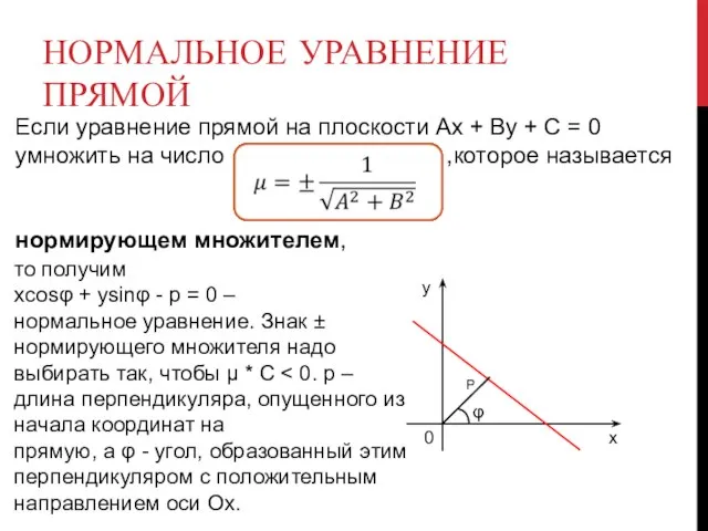 НОРМАЛЬНОЕ УРАВНЕНИЕ ПРЯМОЙ Если уравнение прямой на плоскости Ах + Ву +