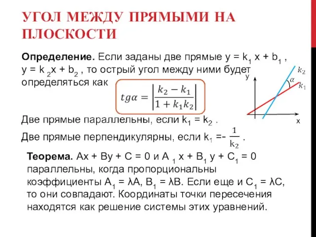 УГОЛ МЕЖДУ ПРЯМЫМИ НА ПЛОСКОСТИ Определение. Если заданы две прямые y =