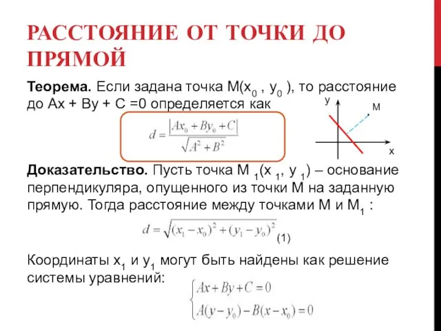 РАССТОЯНИЕ ОТ ТОЧКИ ДО ПРЯМОЙ Теорема. Если задана точка М(х0 , у0