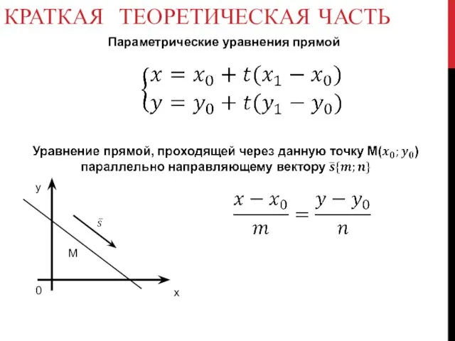 Параметрические уравнения прямой КРАТКАЯ ТЕОРЕТИЧЕСКАЯ ЧАСТЬ y x 0 M