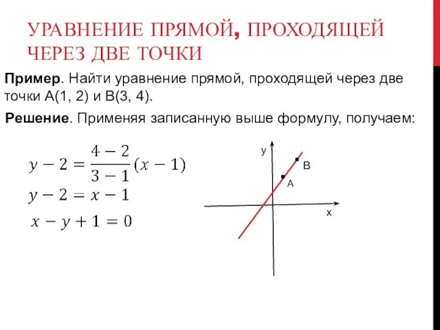 УРАВНЕНИЕ ПРЯМОЙ, ПРОХОДЯЩЕЙ ЧЕРЕЗ ДВЕ ТОЧКИ Пример. Найти уравнение прямой, проходящей через