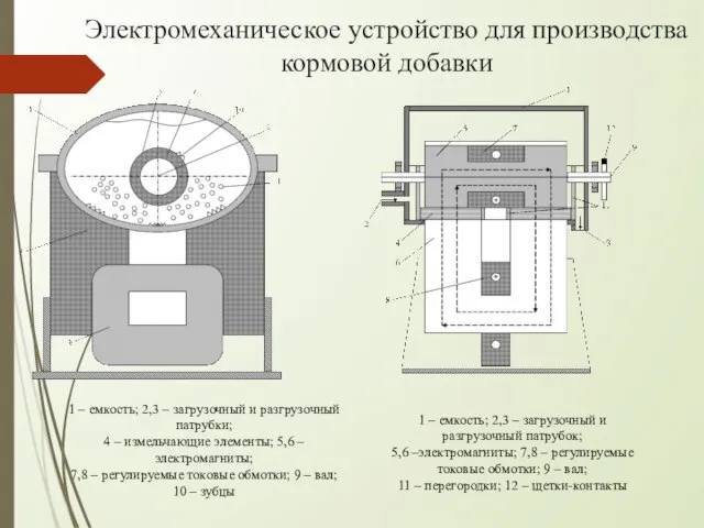 Электромеханическое устройство для производства кормовой добавки 1 – емкость; 2,3 – загрузочный