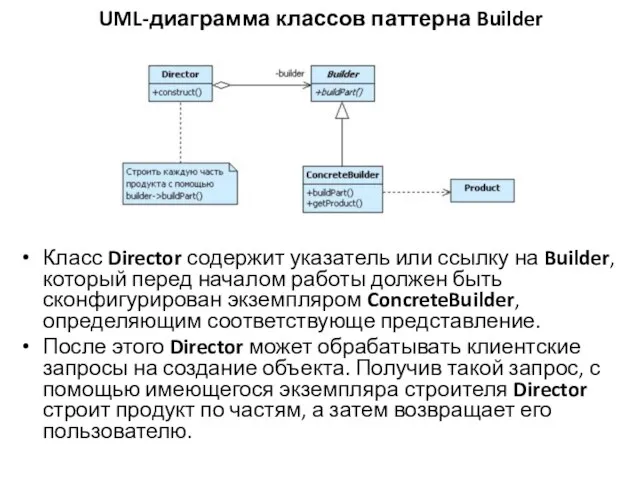 UML-диаграмма классов паттерна Builder Класс Director содержит указатель или ссылку на Builder,
