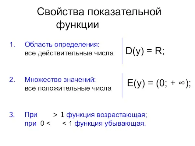 Свойства показательной функции Область определения: все действительные числа Множество значений: все положительные