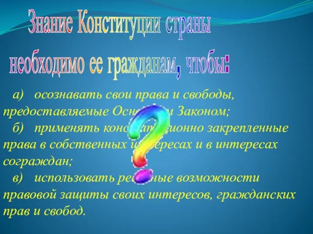 Знание Конституции страны необходимо ее гражданам, чтобы: а) осознавать свои права и