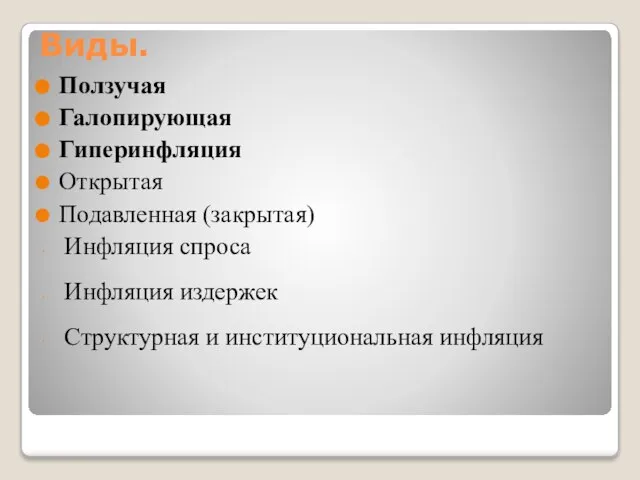 Виды. Ползучая Галопирующая Гиперинфляция Открытая Подавленная (закрытая) Инфляция спроса Инфляция издержек Структурная и институциональная инфляция