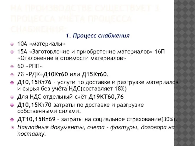 НА ПРОИЗВОДСТВЕ СУЩЕСТВУЕТ 3 ПРОЦЕССА УЧЁТА ПРОЦЕССА СНАБЖЕНИЯ: 1. Процесс снабжения 10А