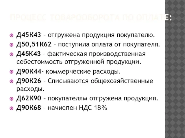 ПРОЦЕСС ТОВАРООБОРОТА ПО ОПЛАТЕ: Д45К43 – отгружена продукция покупателю. Д50,51К62 – поступила