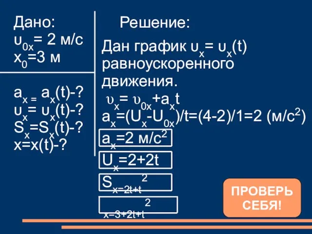 Дано: υ0x= 2 м/с x0=3 м ах = ах(t)-? υx= υx(t)-? Sx=Sx(t)-? x=x(t)-? Решение: ПРОВЕРЬ СЕБЯ!