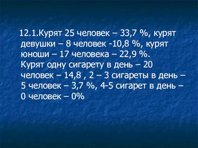 12.1.Курят 25 человек – 33,7 %, курят девушки – 8 человек -10,8