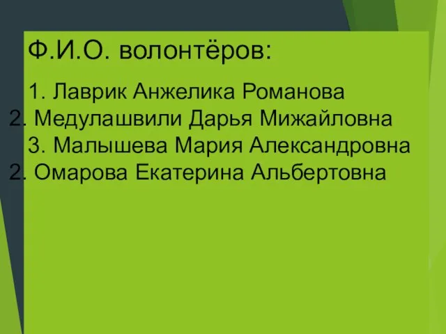 Ф.И.О. волонтёров: 1. Лаврик Анжелика Романова Медулашвили Дарья Мижайловна 3. Малышева Мария Александровна Омарова Екатерина Альбертовна