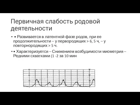 Первичная слабость родовой деятельности • Развивается в латентной фазе родов, при ее