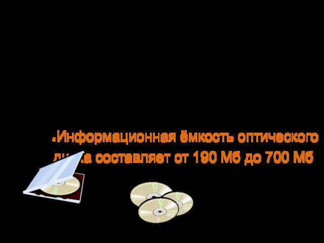 Информационная ёмкость оптического диска составляет от 190 Мб до 700 Мб. -