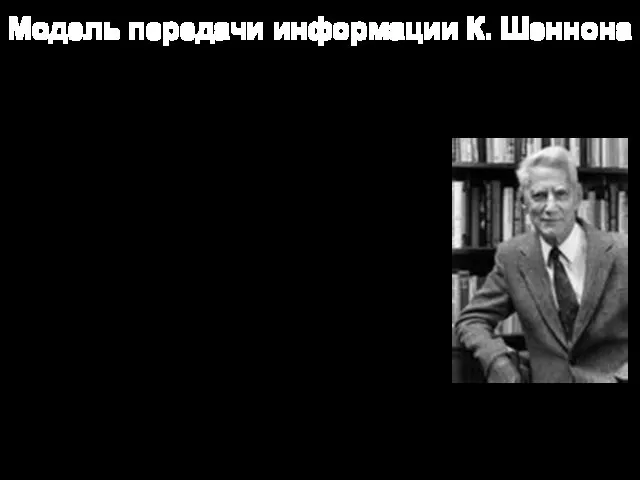 Модель передачи информации К. Шеннона Все перечисленные способы передачи информационной связи основаны