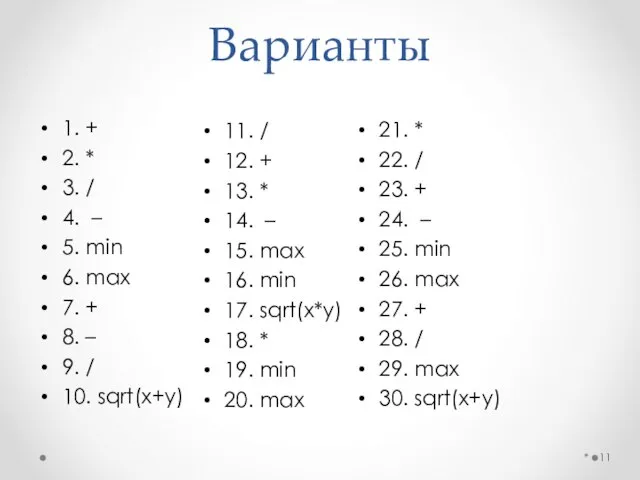 Варианты 1. + 2. * 3. / 4. – 5. min 6.