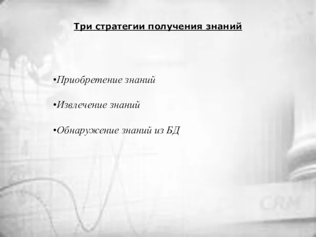 Три стратегии получения знаний Приобретение знаний Извлечение знаний Обнаружение знаний из БД