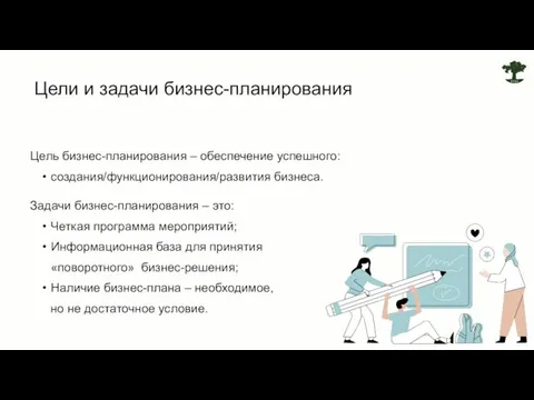 Цели и задачи бизнес-планирования Цель бизнес-планирования – обеспечение успешного: создания/функционирования/развития бизнеса. Задачи