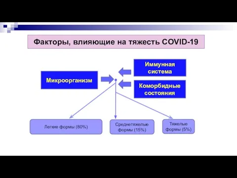 Факторы, влияющие на тяжесть COVID-19 Микроорганизм Иммунная система Коморбидные состояния Легкие формы