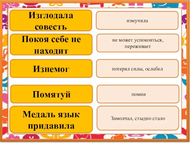 Изглодала совесть Покоя себе не находит Изнемог Помятуй Медаль язык придавила измучила